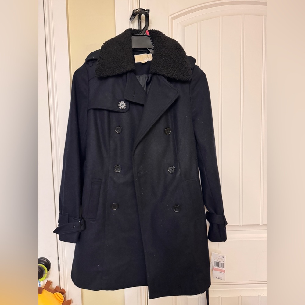 NWT MICHAEL KORS Sherpa Collar Wool Double Breasted Coat Jacket Size 2 In NAVY
